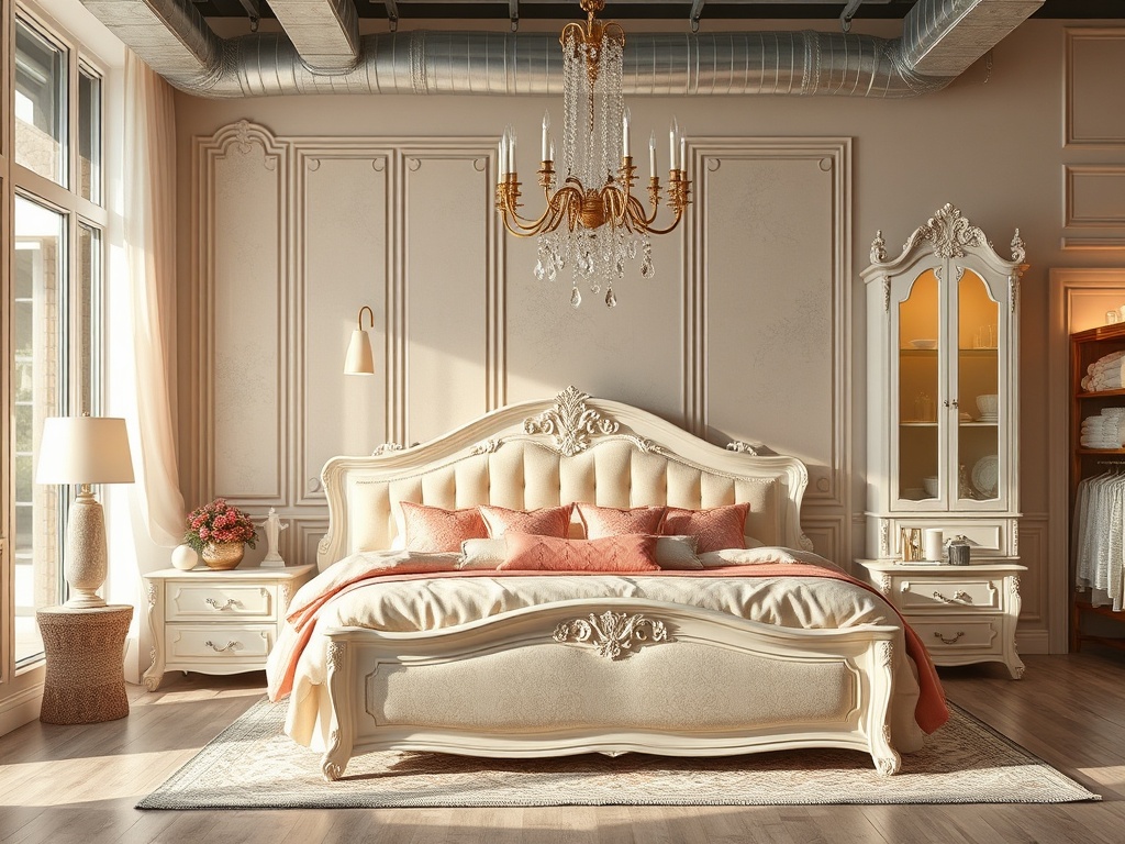 Светлая спальня с роскошной кроватью, люстрой и комодом, оформленная в нежных тонах. уютная атмосфера.