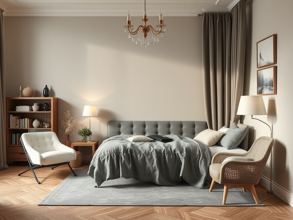 Современная спальня с серой кроватью, уютными креслами и деревянной мебелью, освещённая мягким светом.