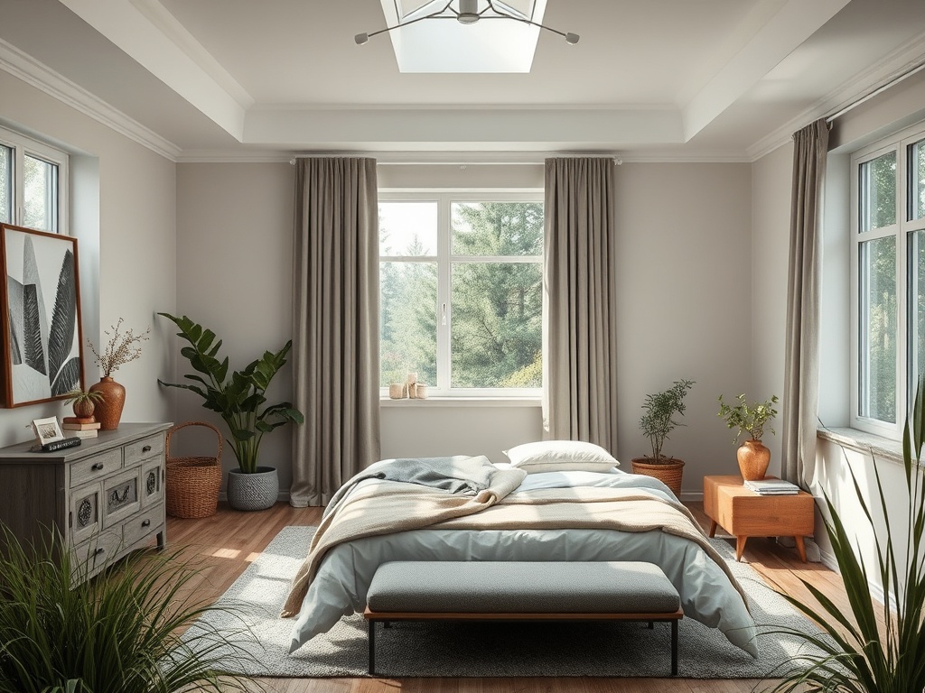 Современная спальня с большим окном, мягким текстилем и зелеными растениями. Уютная и светлая обстановка.