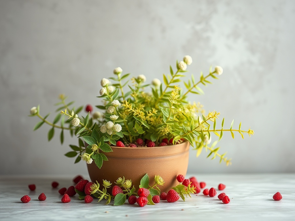 Керамический горшок с зелеными растениями и свежими малиной на белом фоне.