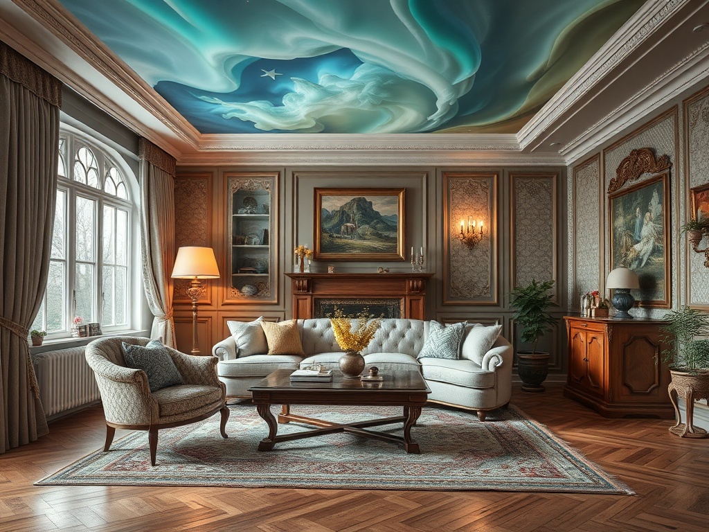 Уютная гостиная с уютной мебелью, красивым потолком и изысканным декором на стенах.